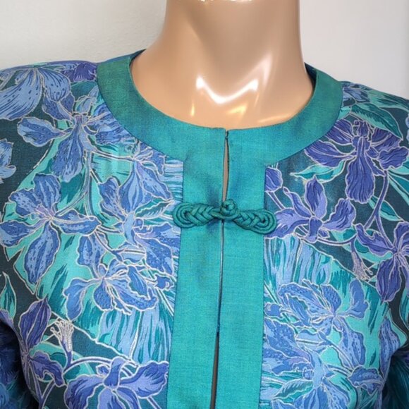 Vintage 80s Asian Blazer Jacket Satin Floral Frog Button Mandarin Collar Teal - Picture 2 of 10